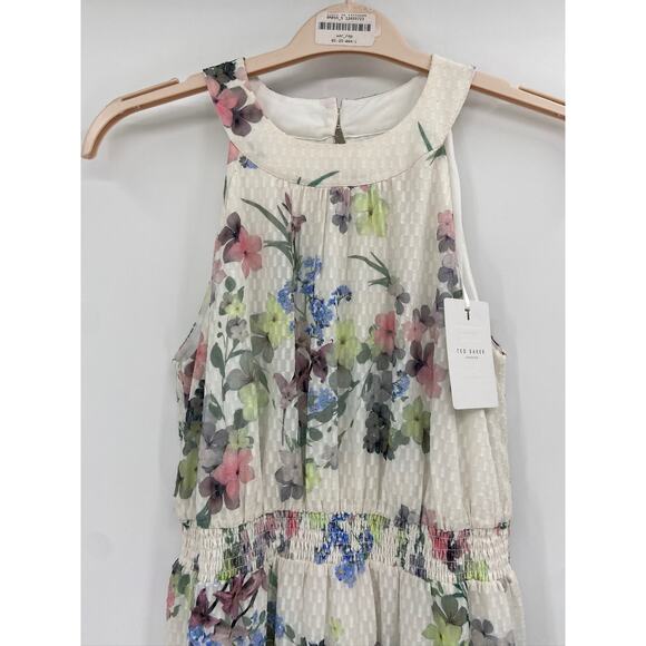 Ted Baker Kahlay Floral Print Smocked Halter Sleeveless White Midi Dress 8 - Picture 4 of 7